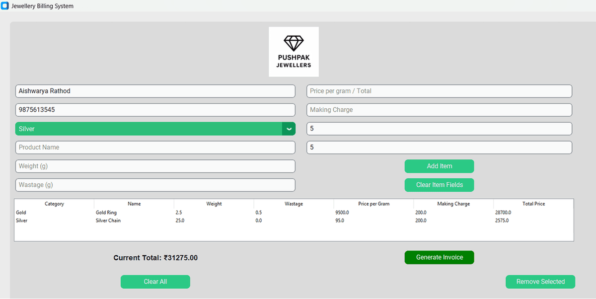 Screenshot of Desktop Invoice Application – Pushpak Jeweller